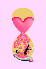 Aufkleber - Vertical creative composite metaphor photo collage of hand hold sand clock with man popular blogger inside isolated on drawing background