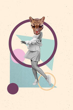 Creative Trend Collage Of Dancing Young Female Leopard Head Wild Animal Visit Zoo Poster Safari Disco Fashionista Clothes Sales
