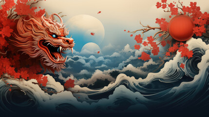 Wall Mural - Dragon zodiac on sky with style chinese background , Happy chinese New Year 2024