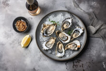 Close Up Of White Plate With Seven Opened Oysters, Lemon View From Above. Flat Lay, Seafood On Mramor Table, Background