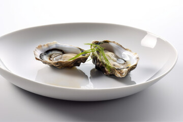 Close up of white plate with two opened oysters. Seafood isolated on white background