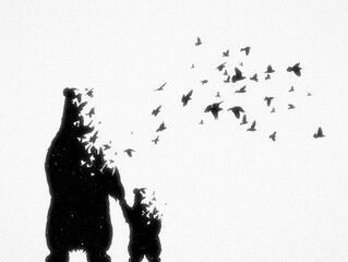 Poster - polar bears, flying birds. endangered animal. black white silhouette