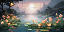A Serene Riverbank Scene With Beautifully Illustrated Krathongs Floating. 