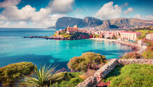 Sunny Spring View Of Sant Elia Village Splendid Azure Water Bay On Sicily Palermo City Location Italy Europe Traveling Concept Background