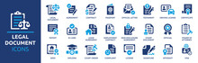 Legal Document Icon Set. Containing Contract, Agreement, Passport, ID Card, Certificate, License, Patent, Testament And More. Vector Solid Icons Collection.