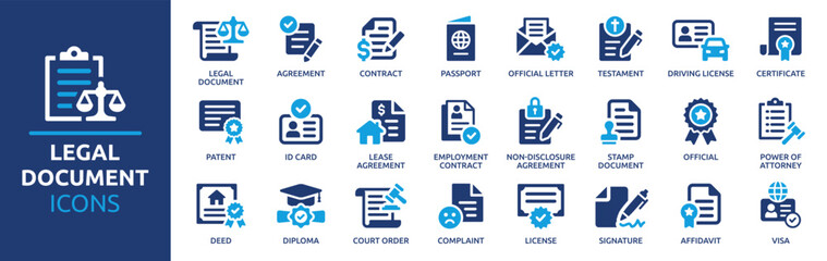 Poster - Legal document icon set. Containing contract, agreement, passport, ID card, certificate, license, patent, testament and more. Vector solid icons collection.