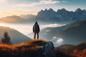 Wall Mural - Man on stone on the hill and beautiful mountains in haze at colorful sunset in autumn, Dolomites, Italy, Sporty guy, mountain ridges in fog, orange grass and trees, blue sky with sun in fall, Hiking