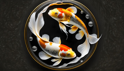 beauty koi fish swimming on black background circular yin and yang