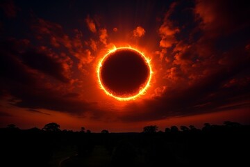 Intense radiance encircling sky due to complete solar eclipse. Generative AI