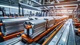 Fototapeta  - mass production assembly line of electric vehicle battery cells close up view