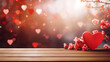 Wooden table with hearts and defocused bokeh hearts and rounds in pink and red colors, template with heart symbols, a mockup scene for Valentine's Day, anniversaries, and other heartfelt occasions.
