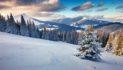 Wall Mural - picturesque morning view of carpathian mountains with chornogora ridge on background fresh snow covered fir trees and mountain valley in december beauty of nature concept background