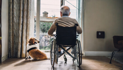 rear view lonely elderly senior man in a wheelchair with his dog in nursing home looking out the window generative ai