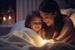 Mother Caring for Her Lovely Daughter, Putting Her to Sleep in Bed Before at Home in the Evening, Babysitter Tucking Little Girl in Blanket and Turning Off Light in Table Lamp