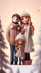 Canvas Print - A family of three people in winter clothes, AI