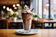 A delicious chocolate milkshake is placed on a table in a delightful café. Generative AI
