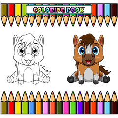 Wall Mural - Cute baby horse cartoon sitting for coloring 