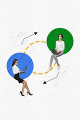 Poster - Collage image photo of two business ladies colleagues working sharing letters using modern gadgets isolated on drawing background