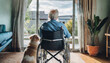 rear view lonely elderly senior man in a wheelchair with his dog in nursing home looking out the window generative ai