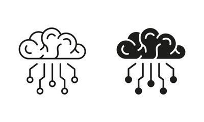 Poster - Digital Technology Concept, Human Brain with Circuit Silhouette and Line Icons Set. Tech Science Black Symbol Collection. Artificial Intelligence Pictogram. Isolated Vector Illustration