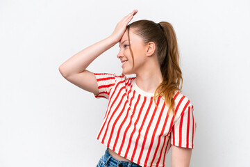 Wall Mural - Young caucasian girl isolated on white background has realized something and intending the solution