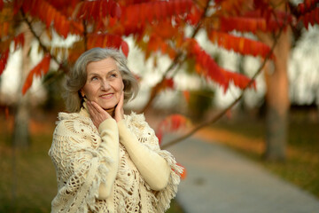 Senior woman walking in the park in autumn. 