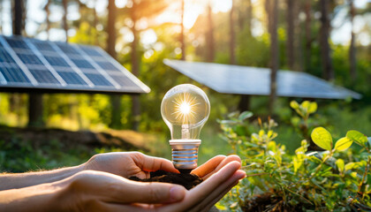 renewable energy light bulb with green energy earth day or environment protection hands protect forests that grow on the ground and help save the world solar panels