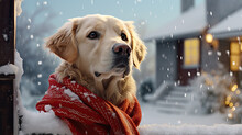 A Dog With A Scarf Stands In Front Of A House In Winter