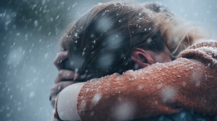 Wall Mural - A woman hugging her boyfriend in the snow, AI