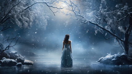 Sticker - A young woman in a dress of a winter landscape