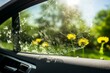 Damaged car window tint with bubbles requires repair due to aging adhesive and exposure to sunlight. Generative AI