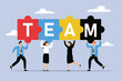 Business team - people connecting puzzle elements - teamwork 2D flat vector concept for banner, website, illustration, landing page, flyer, etc