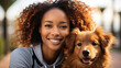 Faces, dogs and love with black couple on the beach in summer taking their pets for a walk for fun or recreation together. Portrait. Happy and smiling man, woman and golden retriever pet. outdoor rive
