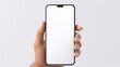 Mobile phone mockup with blank white screen in human hand, 3d render illustration put on a sweater, hold a smartphone Mobile digital device in arm isolated on white