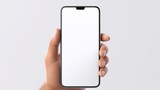 Fototapeta  - Mobile phone mockup with blank white screen in human hand, 3d render illustration put on a sweater, hold a smartphone Mobile digital device in arm isolated on white