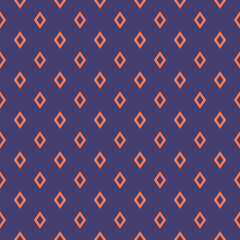Wall Mural - Simple vector minimal seamless pattern with small outline diamonds, rhombuses. Trendy funky minimalist background. Abstract texture in blue and orange color. Repeat geometric design for decor, fabric