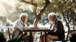 Two older men intently play a game of chess, their concentration evident.