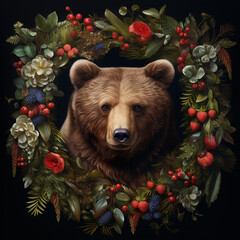 grizzly bear in floral wreath on black background. wild brown bear in a wreath of flowers on a black