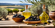 Olive Oil Bottle On Wooden Table With Olives In A Bowl Mediterranean Background- AI