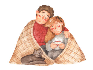 Cozy winter illustration of young man and woman sitting and hugging under plaid with cat. Hand-drawn watercolor happy couple