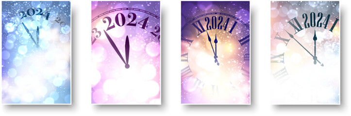 Wall Mural - Happy new year 2024 countdown clock on purple and blue abstract glittering background with blurred sparkles and lights. Set of cards.