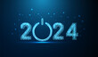 Abstract Happy New Year greeting card with number 2024 and blue power button. Business and ai concept. Low poly style.
