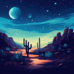 Canvas Print -  A moonlit desert with cacti and starry sky painted
