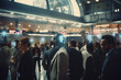 Futuristic AI Big Data Analysing Surveillance Camera that Keeps People Safe, Backgrond: Diverse Multi-Ethnic Crowd of People Wait for their Flights in Boarding Lounge of Airline Hub