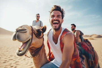 happy tourist having fun enjoying group camel ride tour in the desert - travel, life style, vacation