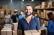A team of cheerful male and female warehouse workers led by a smiling man with a box ensures smooth delivery and distribution.