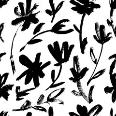 Wall Mural - Dry Brush Flower Seamless Pattern. Hand Drawn Artwork Background.