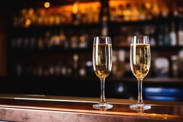 two champagne glasses filled and placed on a bar counter