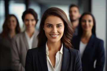 Wall Mural - Portrait of beautiful smiling businesswoman with her colleagues, Multi-ethnic group of business persons standing in a row in modern office, Successful team leader and her team in the office