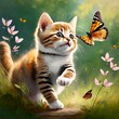 Kleine getigerte Katze spielt mit Schmetterlingen.
Gemälde